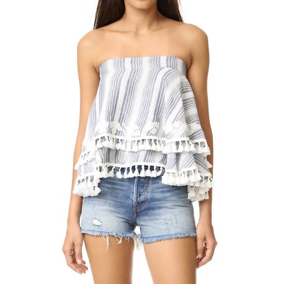 NEW TRYB women's amaris tassel trim embroidered floral strapless top in white/bl - Picture 1 of 3